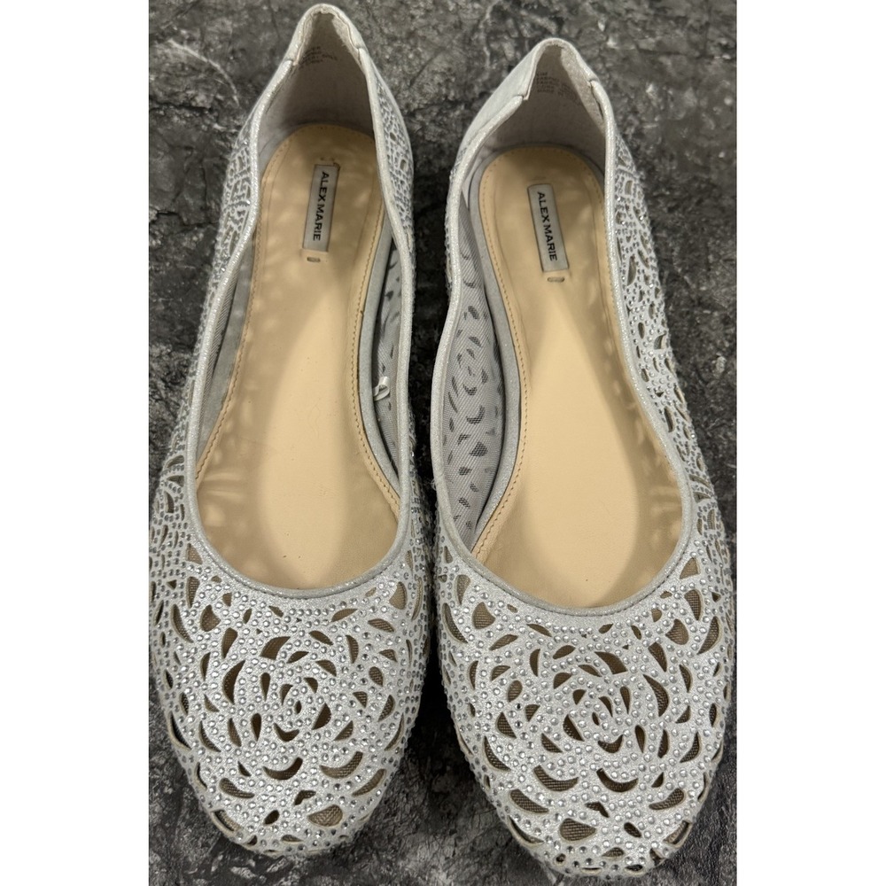 Alex Marie Atlanta Laser Cut Silver Metallic Rhinestone Flats Mesh Lined Sz 11M